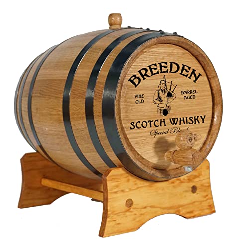 Thousand Oaks Barrel Co. | Personalized American White Oak 2 Liter Barrel with Stand, Bung, and Spigot - For The Home Brewer, Cocktail Aging Bartender -Bagpipe Design (B395)