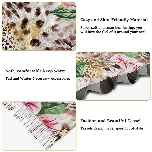 OTVEE Scarves for Women Leopard Print Pink Flower Scarf Soft Shawl Wrap Winter Scarf with Tassels4