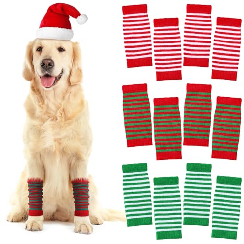 Shihanee 12 Pcs Christmas Dog Leg Warmer Knitted Winter Socks Pet Dog Leg Hock Protector Classic Stripe Elbow Protective Sleeve Joint Elbow Supports for Christmas Winter New Year