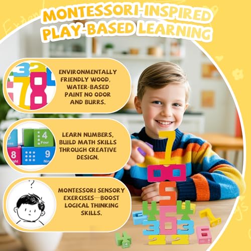 Azazaza Wooden Number Blocks, Montessori Building and Stacking Toys Puzzle for Kids 3+ Years Old (20 Pieces, 15 Cards) - Image 3