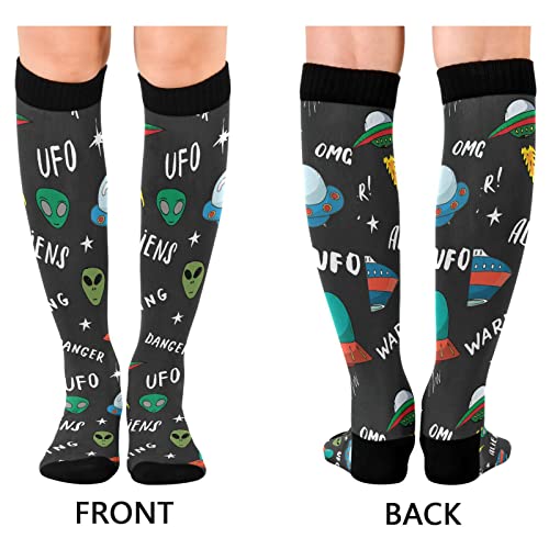 Wusikd Ufo Aliens Space Compression Socks for Women and Men Circulation Cartoon Long Socks for Athletic Running 12