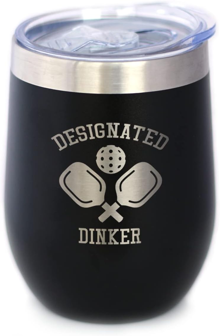 Designated Dinker - Wine Tumbler Glass with Sliding Lid - Stainless Steel Insulated Mug - Funny Pickleball Themed Gifts and Decor - Black