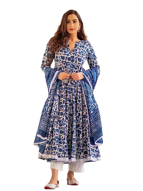 lookmark Women Women's Trendy Printed Cotton Blend Flared Blue Color Anarkali Style Lace Kurta with Dupatta(KS2068-XXL)-picture-11