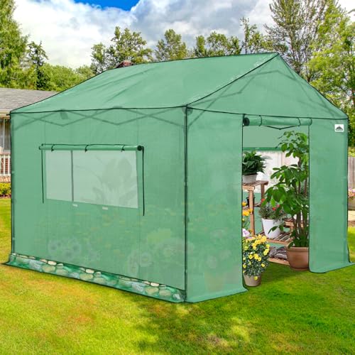 Image of EAGLE PEAK 10x10 Pop Up Walk in Greenhouse, Support Pole, Gable Roof, Green