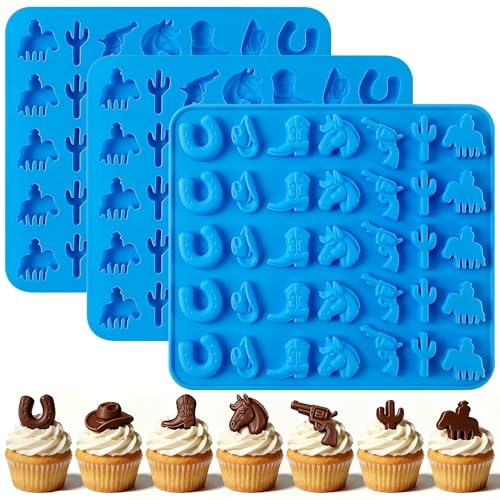 Sidosir 3Pcs Cowboy Gummy Candy Silicone Molds 25-Cavity Cowboy Chocolate Molds with Western Theme Cowboy Horse Boots Hat Mold for Cupcakes Decorations Gummy Candy Chocolate Western Themed Party