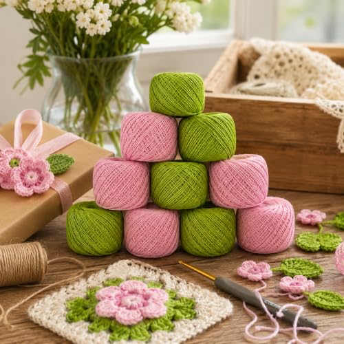 Image of Crochet Cotton Thread Yarn Combo, 10 Rolls for Knitting, Crochet, Embroidery and Craft Making, Soft Decorative Thread for Handmade DIY Projects, Pink & Green