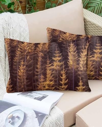 Boanket Lumbar Pillow Covers 12 x 20 in, Yellow Forest Waterproof Throw Pillow Cover Set of 2, Pine Tree Summer Botanical Modern Art Home Decorative Rectangle Cushion Covers for Patio/Couch/Garden