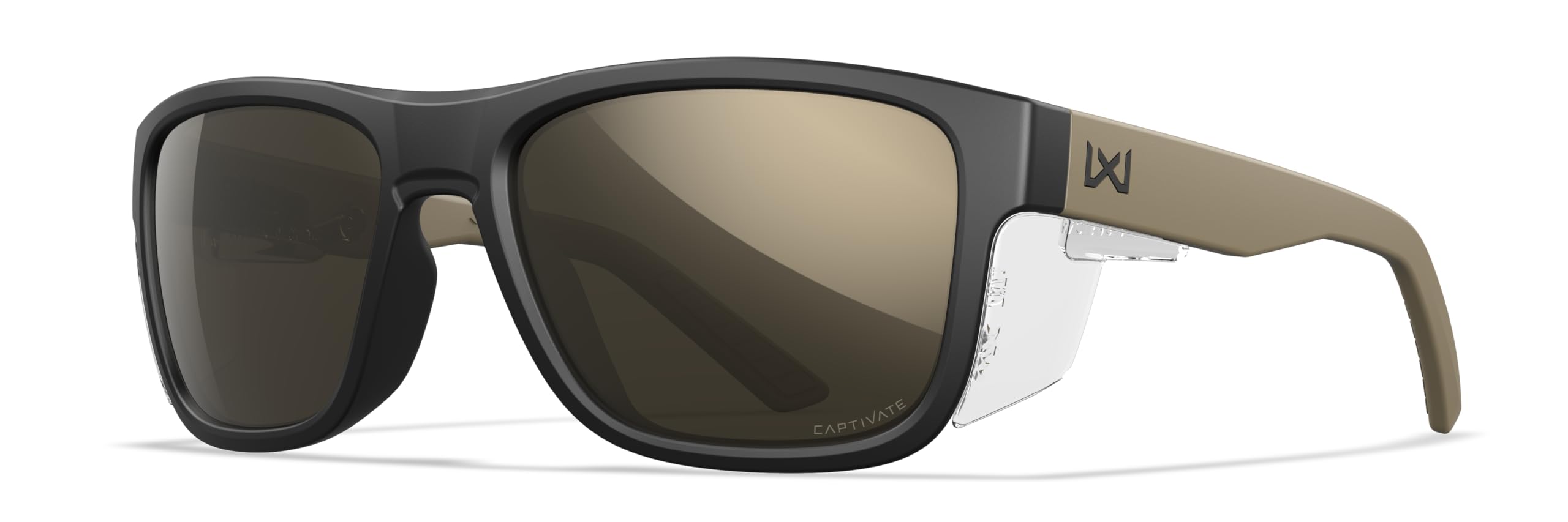 Wiley X Ovation Captivate - Gafas de sol de seguridad para hombres y mujeres, protección ocular UV para tiro, pesca, ciclismo y deportes extremos, marcos negro mate y bronceado, lentes tintados de