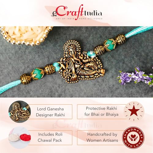 Image of eCraftIndia Golden Lord Ganesha Designer Rakhi for Brother With Gift Combo Set | Raksha Bandhan Rakhi for Bhai Bhaiya | Best Bro Ever Fridge Magnet | Roli Chawal Pack