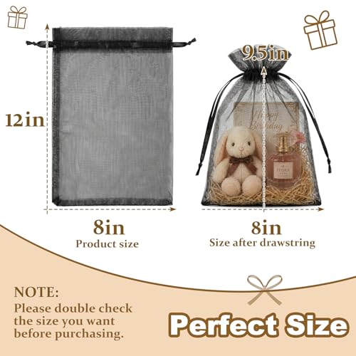 Image of Crweety Large Black Organza Bags 8x12 Inch 50 Pcs, Small Mesh Gift Bags Drawstring for Jewelry Bracelet Packaging, Premium Sheer Gift Pouch for Candy, Wedding Treat, Party Favor & Graduation Gifts