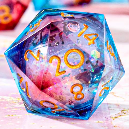 YEMEKO Single Liquid Core D20 Dice - 22mm, 20 Sided D&D Dice for Dungeons and Dragons, RPG, Roleplaying Games MTG Table Games, Handmade Polyhedral Dice with Resin Sharp Edge (Liquid Blue Red)