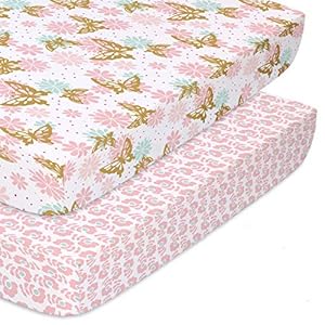 The Peanutshell Fitted Pack n Play, Playard, Mini Crib Sheets for Baby Girls | 2 Pack Set | Pink & Gold Butterfly and…