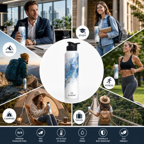 Image of Speedex Stainless Steel Printed Water Bottle 1 Ltr 1000 ml, BIS Approved, Leak Proof Sipper Cap Bottle for Office, School, Travel, Daily Use for Men, Women, Kids, Adults, Ice Marble, Set of 2