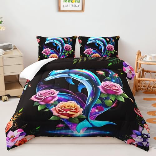 Image of AILONEN 3D Jumping Dolphin Comforter Set Twin Size, Rose Flower Leaf Bedding Set for Kids Girls Boys,Dolphin Ocean Animal Print Duvet Set 3Pcs for Bedroom Decor,1 Quilt and 2 Pillowcases,Soft