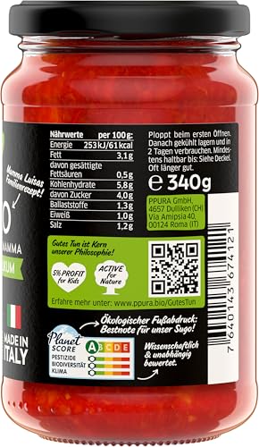 PPURA Bio Tomatensauce Basilico | Pasta-Sauce mit italieischem Basilikum | Sugo Made in Italy | 100% Natürlich | Nudel-Soße Vegan Zuckerzusatz & Konservierungsstoffe | 340g Glas