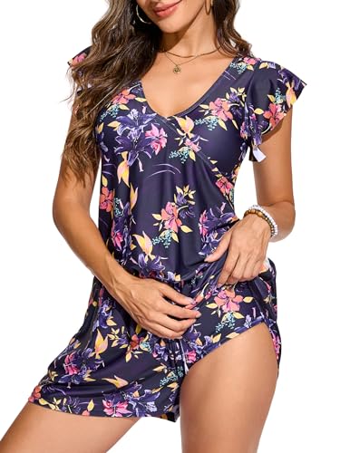 Image of Smismivo Swim Romper with Built in Bra and Pockets Swim Dress Modest One Piece Swimsuit Full Coverage Bathing Suit