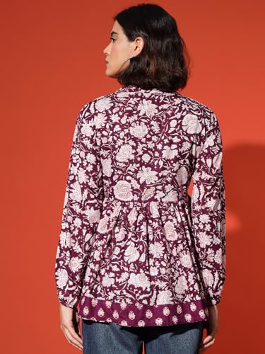 Image of THE DRY STATE Women's Floral Peplum Tunic with Contrast Yoke Panel at Front