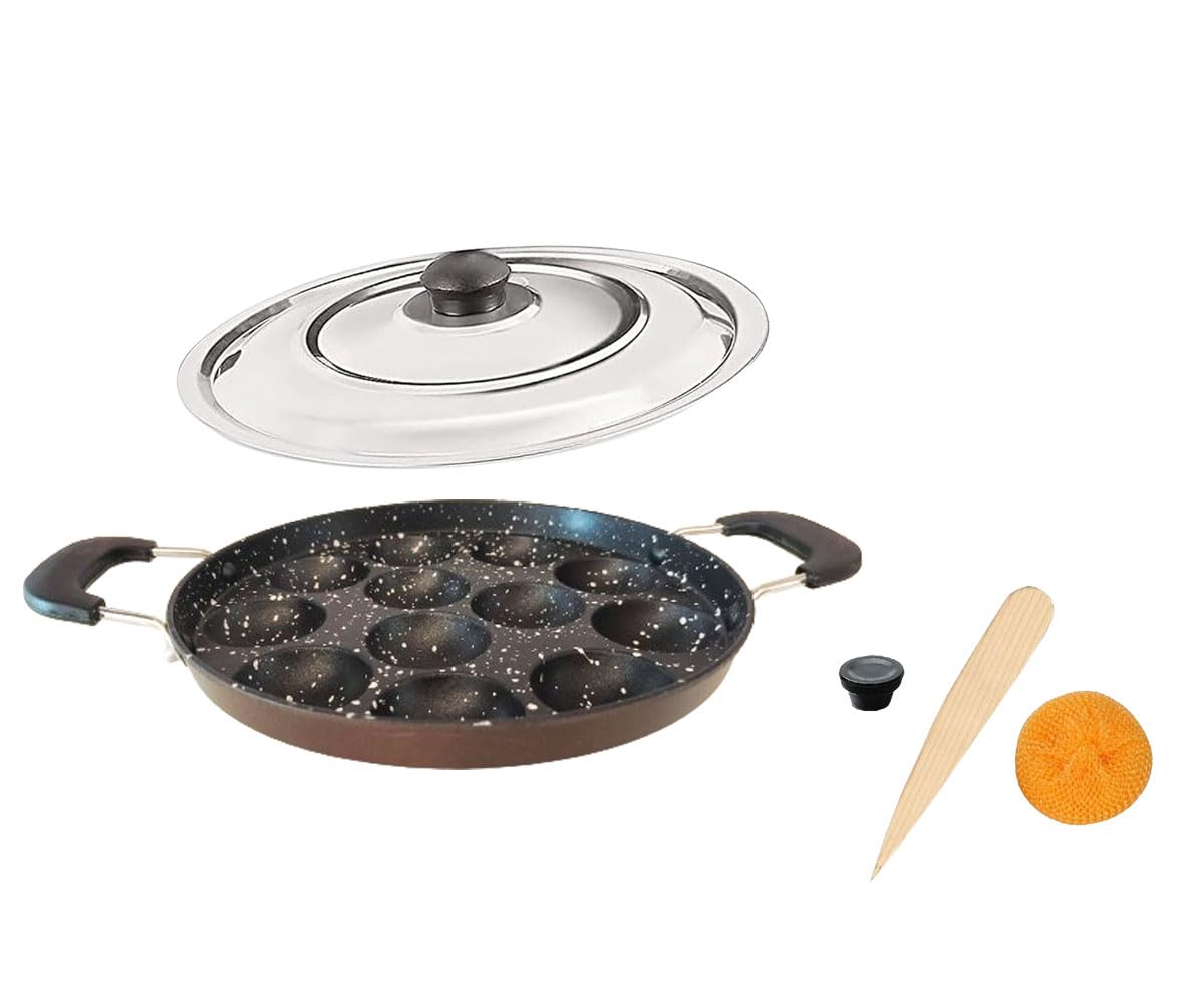 Satre Online And Marketing Padella antiaderente con coperchio in acciaio, 12 pits Appam Maker con coperchio, Appa Chetty Paniyaram Pan Patra Tawa antiaderente set di 1