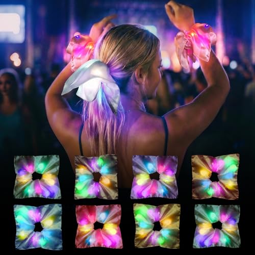 HAVLOTII 8 Pack Light Up Scrunchies LED Glow in the Dark Hair Ties for Girls Women Neon Rave Accessories for 80s Party Festival Night Running Visibility Wristbands
