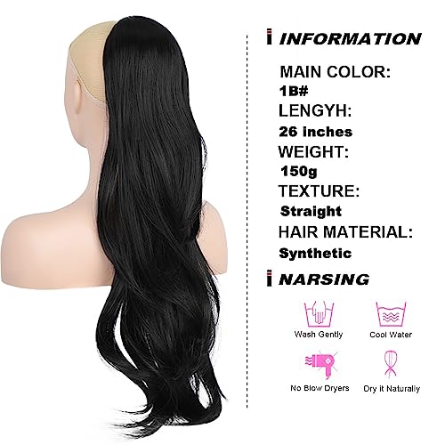 PORSMEER Ponytail Extension,Drawstring Ponytail Hair Extensions Dark Black 26 Inch Long Natural Straight Wavy End Synthetic Hairpiece for Women Girls Daily Use/Party - Image 2