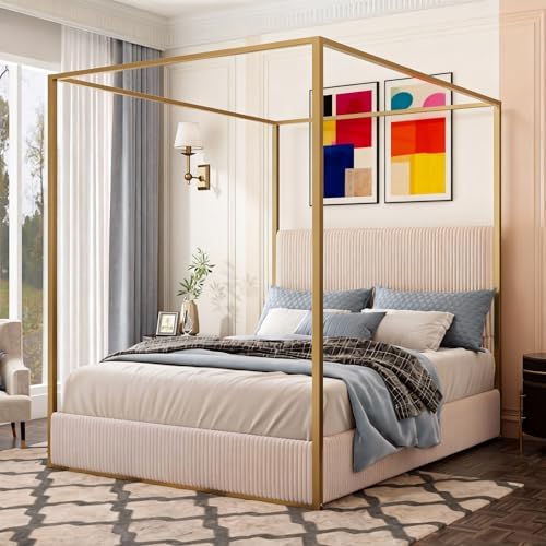 four poster bed frame in beige with tall upholstered headboard