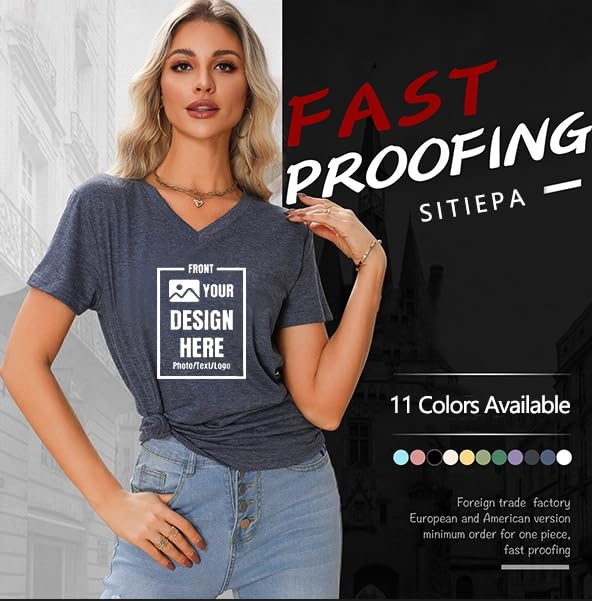 Custom T Shirts Design Your Own, V Neck Tshirts Custom Front and Back Personalized Text/Logo/Image/Photo Printed Tops Black2