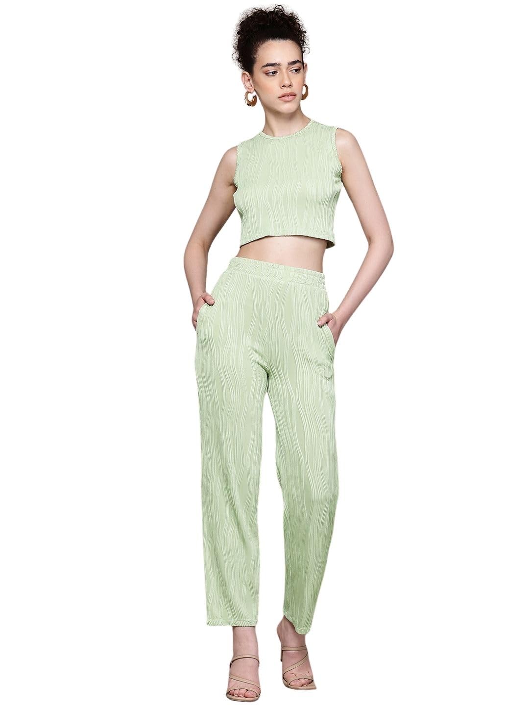 freehand by The Indian Garage Co Women Fitted and Straight Solid Textured Top and Pants Co-ord Set (Lint_L)-picture-25