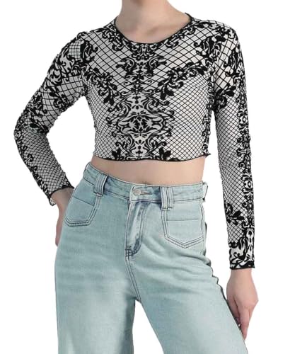 Image of ICW Women Long-Sleeves Round Neck Net Printed Transparent Mesh Sheer Crop Top T-Shirt DN38(Mix Print)