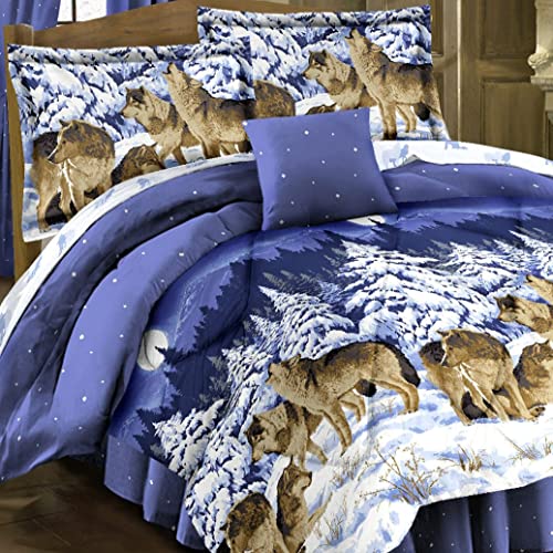 Wolves Midnight Blue Comforter Set & Sheets Wildlife Lodge Cabin (Bed In A Bag) (8Pc Queen Size) #TOP1