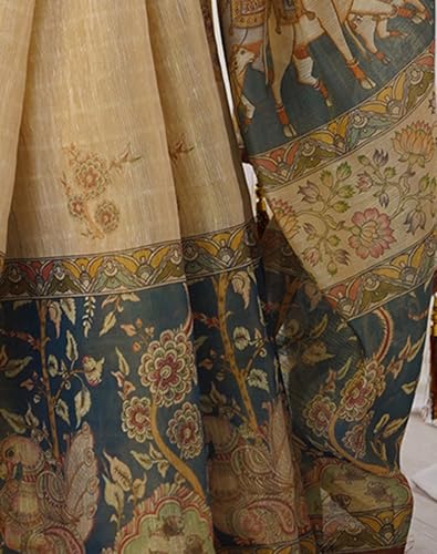 Image of SIRIL Women's Cotton Linen Kalamkari Printed Handloom Saree with Unstitched Blouse Piece