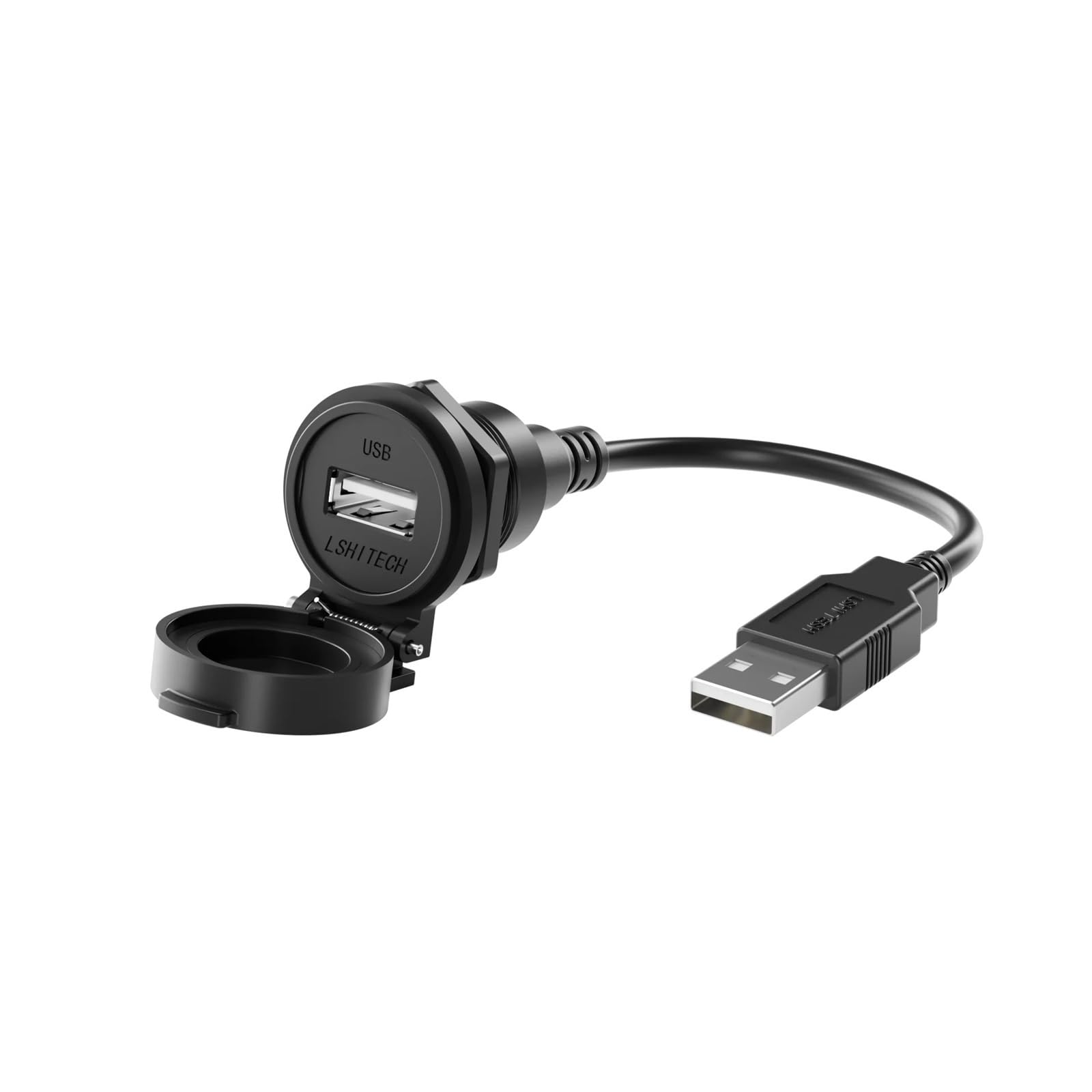 LSHITECH LU22 Przemysłowy przedłużacz USB 2.0 z automatyczną klapką, 0,1 m, 0,3 m, 0,5 m, 1 m, 1,5 m, 2 m, 3 m, 4 m, wodoodporny (czarny czapka, plastikowy Nut,1,5M kabel)