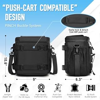 Golf Cart Cooler Bag Insulated - 12-Can Leakproof Soft Cooler Bag with Hook-and-Loop Lid, Waterproof Zippers, and Multi-Pockets for Golf Accessories; Fits on Golf Push Cart