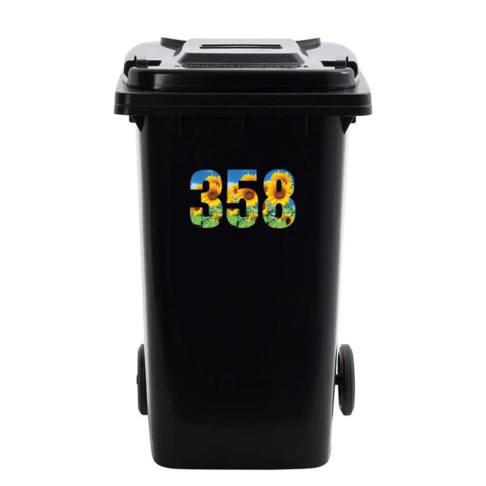 Packwith 4 Set Of Personalised Sunflower Wheelie Bin Number(0-999) Self Adhesive Waterproof Vinyl Stickers - Ideal For Out Door Wheelie Bins Garbage Bins Dustbin # Sara Prints