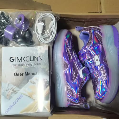 Roller Shoes Girls Sneakers USB Charge LED Lights Shiny Wheels Shoes Glitter Material Roller Skate Shoe Big Kids Gifts Size 6.5 Purple Sparkling Sneaker4