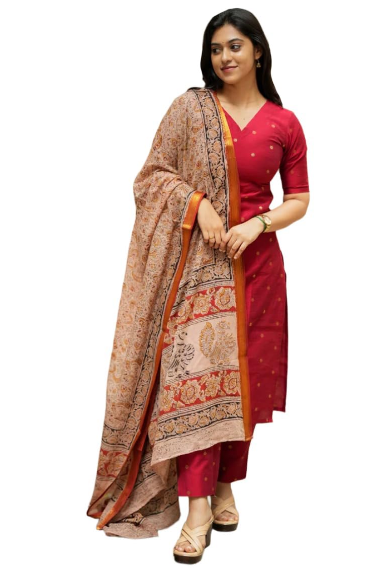 GoSriKi Kurta Set Women Viscose Printed | Kurti Set Woman | Kurta Pant Dupatta 3 Piece Outfit | V-Neck Elbow Length Sleeve Straight Fit Ethnic Wear Ladies Dress Stylish Traditional Clothing