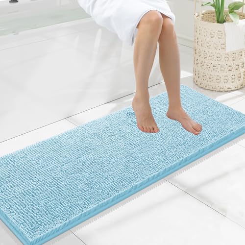 Smiry Luxury Chenille Bathroom Rugs 47x17, Extra Soft and Absorbent Shaggy Bath Mat, Machine Washable, Non-Slip Plush Carpet Runner for Tub, Shower, and Floor, Home Decor Accessories, Sky Blue