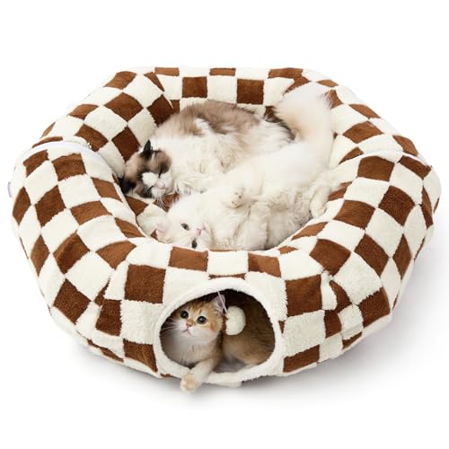 Image of Lesure Large Cat Tunnel Bed - Cute Donut Bed for Indoor Cats with Washable Circle Cushion, Round Pet Peekaboo Cave Toy for Multi Kitten /Puppy /Rabbit, Large Brown Checks