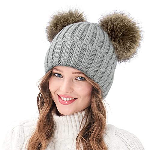Arctic-Paw-Damen-Wintermuetze-Zopfmuster-Beanie-fuer-Damen-Kunstfell-Pompon-Ohren