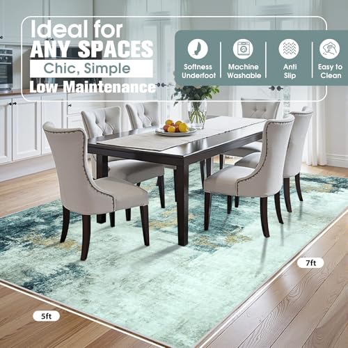 5x7 Area Rugs for Living Room Rug Washable: Abstract Rug for Dining Room Bedroom Carpet Non Slip 5 by 7 Indoor Modern Nursery Home Office Teal Grey Gold