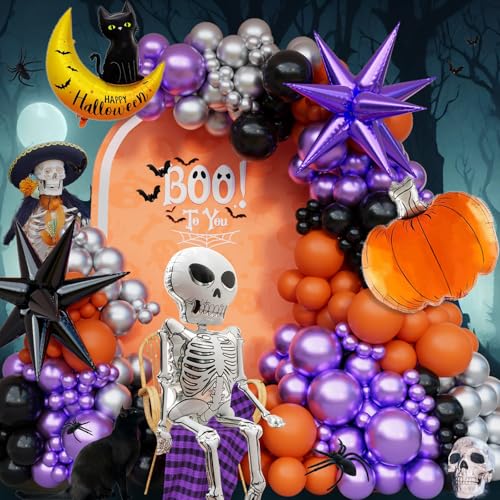 Bonropin KLK-US-K9-HALLOWEEN BALLOONS 161Pcs Halloween Balloons Garland Arch Kit,Black And Orange Balloons With Skeleton Pumpkin Foil Balloons, Silver Purple Metallic Balloons For Halloween Party Decorations Birthday thumb #4