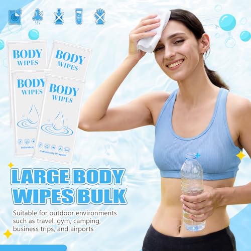 Image of Mindsoft 500 Pcs Large Body Wipes Bulk, 7.09 inch x 9.84 inch,Individually Wrapped Body Wipes No Rinse Wet Wipe Adult Disposable Bodies Shower Wipe for Homeless Care Package Supplies Men Women Items