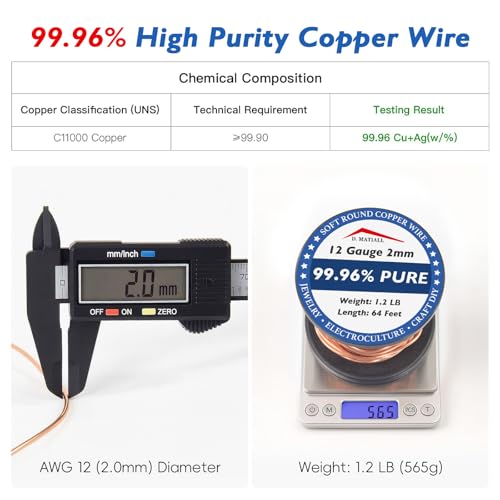 Image of Copper Wire 99.95% Pure - 12 Gauge 2.0mm - 64 Feet, 1.2 Pound Spool - C11000 Soft Copper Wire Craft Wire for Gardening, Electroculture, Jewelry Making, Beading, Ground Wire & DIY (12 Gauge, 1.2 LB)