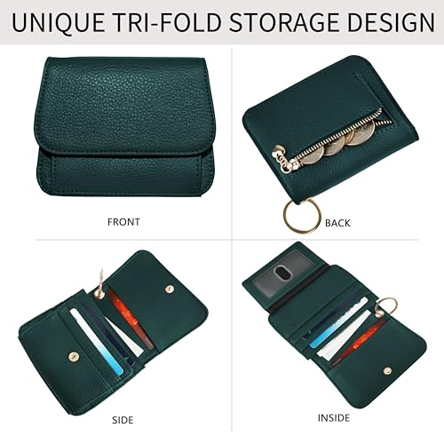 Image of Women Small Wallet RFID Blocking Slim Wallet with Coin Pocket Tri-Fold Credit Card Holder with ID Window and Keychain (Dark Green)