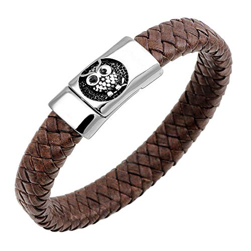 Bracelet en cuir rétro unisexe marron pur avec motif hibou pour couple