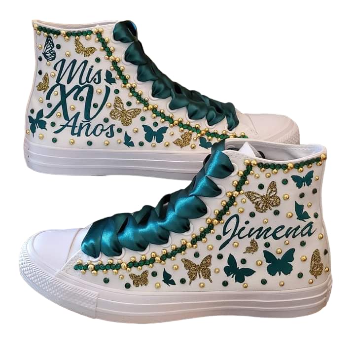 Fifteen Birthday Custom Shoes, Quinceanera Sneakers Buterflies Printed, Mis XV Shoes high top Blue2