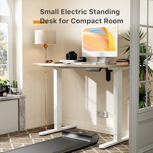 Image of JOY worker Small Electric Standing Desk, 40 inch x 20 inch Whole Piece Height Adjustable Table with Memory Controller, Sit to Stand Desk Workstation for Home Office, Light Walnut