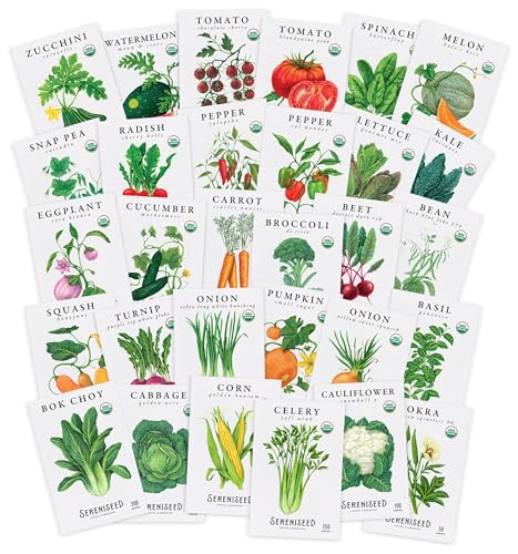 Sereniseed Certified Organic Vegetable Seeds (30-Pack) – Non GMO, Open Pollinated - Basil, Snap Pea, Broccoli, Bean, Jalapeno, Tomato, Lettuce, Cucumber, Carrot, Zucchini Seeds for Planting
