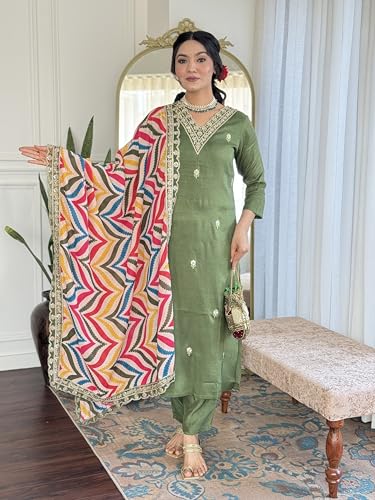 Image of Naixa Women's Viscose Embroidered Straight Kurta with Pant and Dupatta Sets (NX-467)