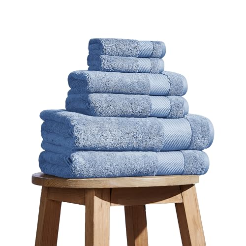 BIOWEAVES 100% Organic Cotton 700 GSM Plush 6-Piece Towel Set GOTS Certified, 2 Bath Towels, 2 Hand Towels & 2 Washcloths - Cerulean Blue