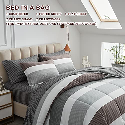 Joyreap 6 Piece Bed In A Bag Twin, Light Gray N Brown Stripes Design, Smooth Soft Microfiber Comforter Set For All Season (1 Comforter, 2 Pillow Shams, 1 Flat Sheet, 1 Fitted Sheet,1 Pillowcase) #TOP2